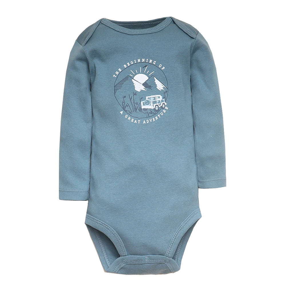 Baby Long Sleeve Bodysuits – Cozy Cotton Onesies for Infants, Pack of Five Featuring Adorable Animal Prints, Stripes, and Adventure Themes