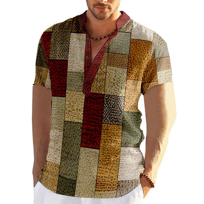 Men's short sleeve V-neck shirt with bold geometric patchwork design for a stylish and unique casual look