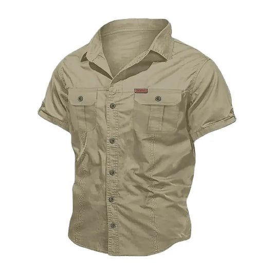 Men's Short-Sleeve Button-Up Shirt with Dual Chest Pockets and Turn-Down Collar, Perfect for Casual Outdoor and Everyday Wear