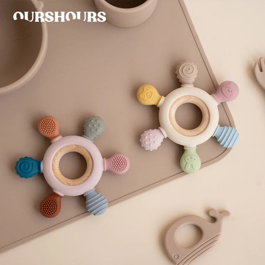 Premium Wooden and Silicone Baby Teething Ring with Multiple Textures and Shapes for Soothing Teething Relief and Sensory Development