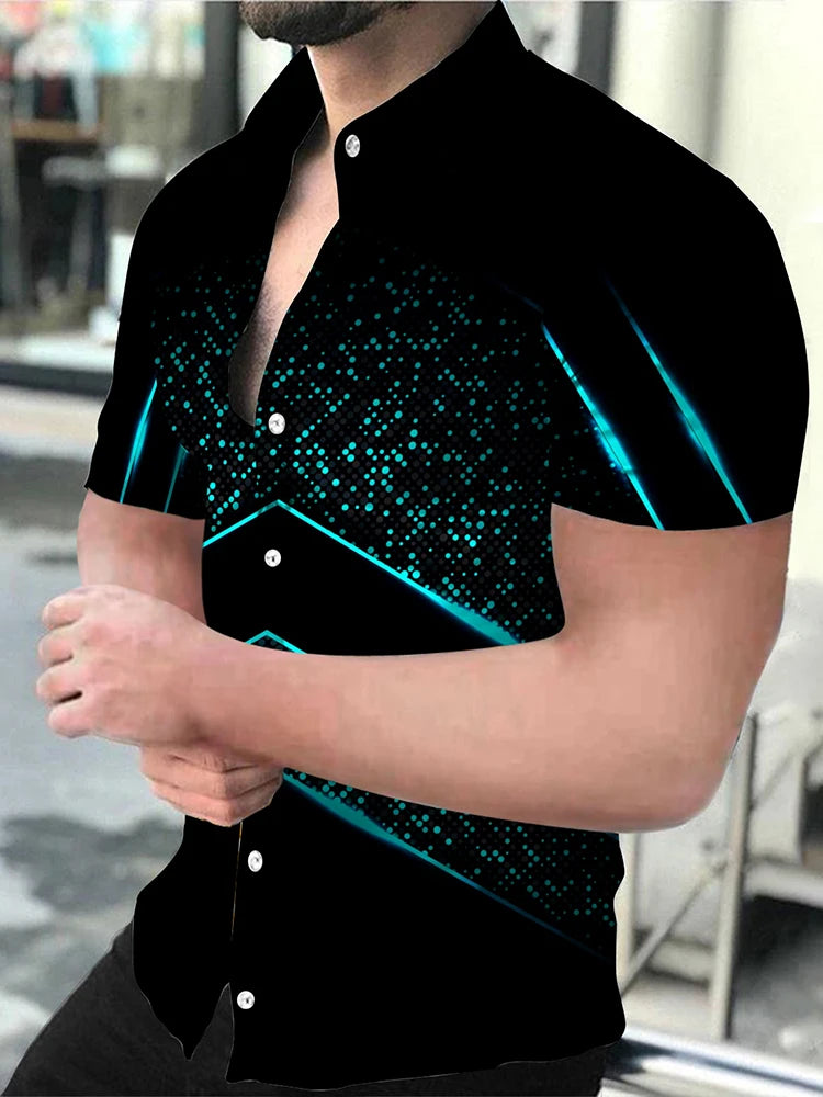 "Men's Short Sleeve Button-Up Shirt with Modern Geometric Print and Slim Fit Design"