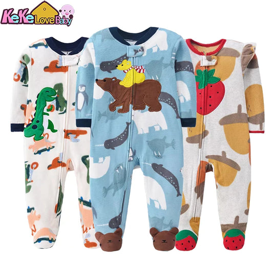 Adorable Baby Footed Pajamas with Animal and Fruit Designs, Long-Sleeve Fleece Sleepers, Pack of 3