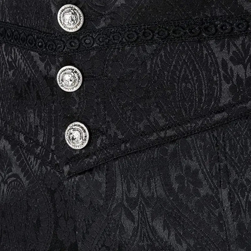 Men's High-Waisted Jacquard Dress Pants with Ornate Button Detailing and Adjustable Buckle Accent for Formal Wear.