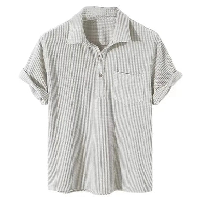 Men's Short Sleeve Polo Shirt with Ribbed Texture and Front Pocket for a Relaxed Casual Look