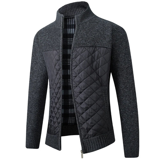 Men's Quilted and Knit Zip-Up Jacket with High Collar and Plaid Lining