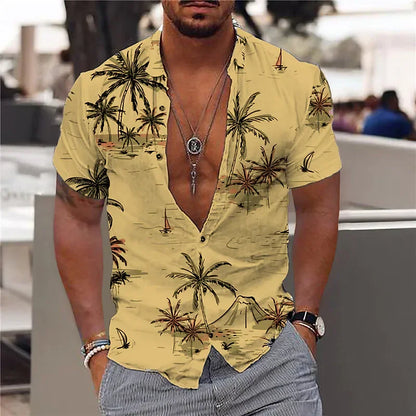 Men's Tropical Print Casual Short Sleeve Button-Down Shirt with Deep V-Neck Design