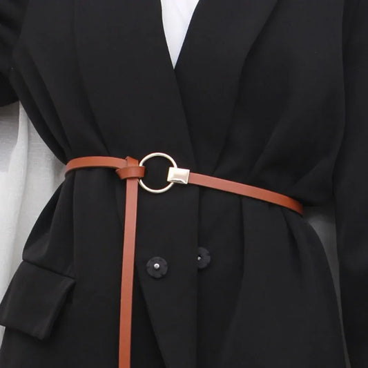 Women's Slim Leather Waist Belt with Stylish Round Buckle and Adjustable Strap for Dresses and Coats