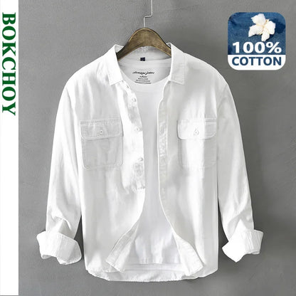 Men's Long-Sleeve Cotton Shirt with Dual Chest Pockets and Button-Up Design for Comfortable and Casual Wear