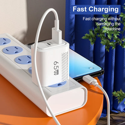 65W GaN Fast Charger with Dual USB-A and USB-C Ports, Featuring Power Delivery (PD) 33W for Efficient Charging of Multiple Devices Simultaneously