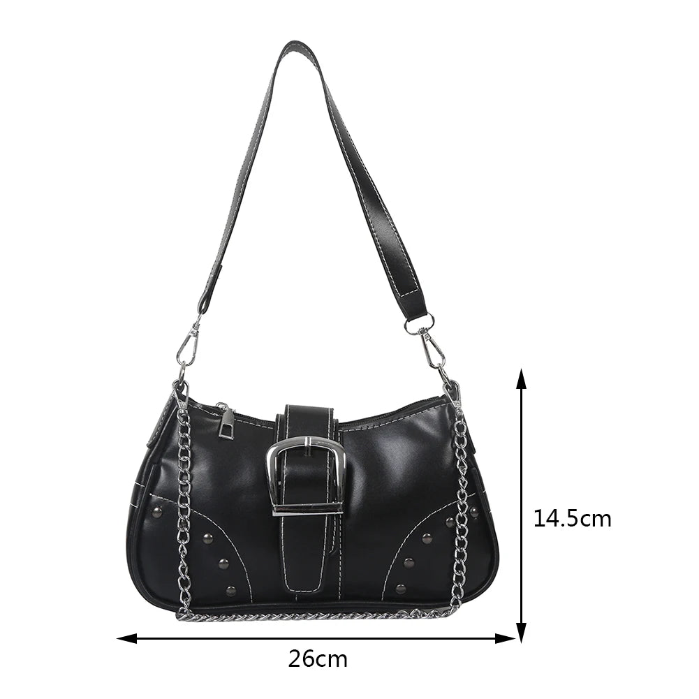 Edgy Messenger Bag with Oversized Buckle and Chain Strap Detail