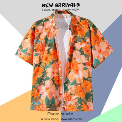 Men's Short-Sleeve Hawaiian Shirt Collection with Vibrant Floral and Tropical Prints, Ideal for Summer Casual Wear