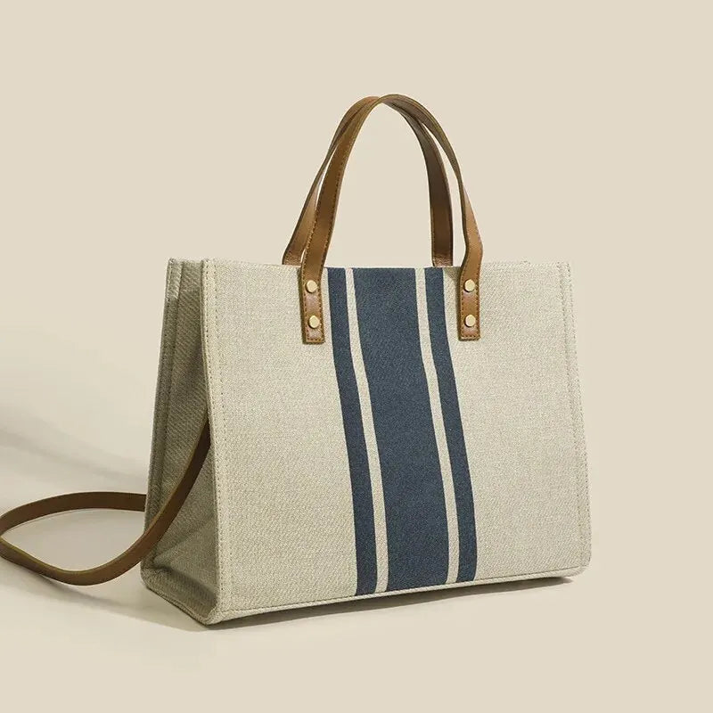 Striped Jute Tote Bag with Leather Handles and Brass Stud Accents for Women