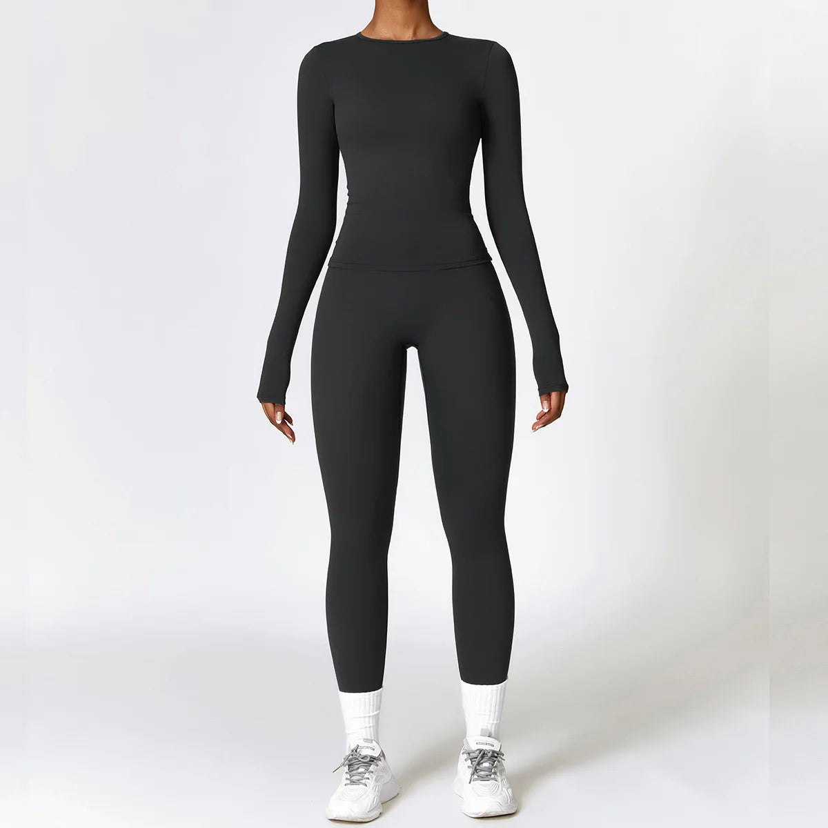 Women's Long-Sleeve Seamless Yoga Set with High-Waisted Leggings for Workout and Fitness