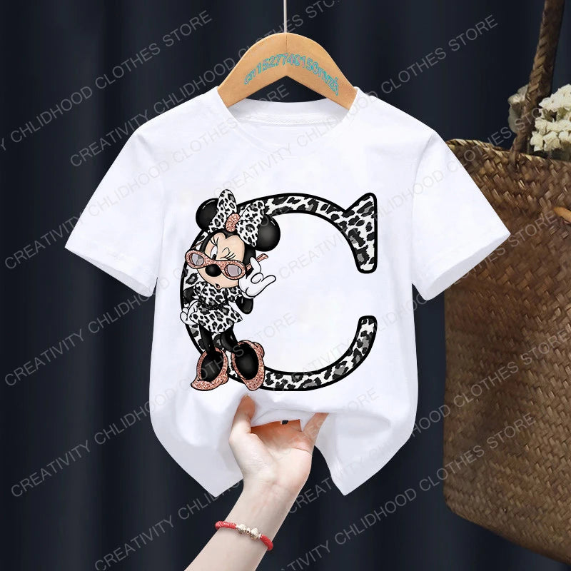 Minnie Mouse Leopard Print Alphabet Graphic T-Shirt for Kids – Trendy and Fun Summer Wear