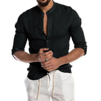 "Men's Long-Sleeve Linen Shirt with Stand Collar and Casual Button-Up Design"