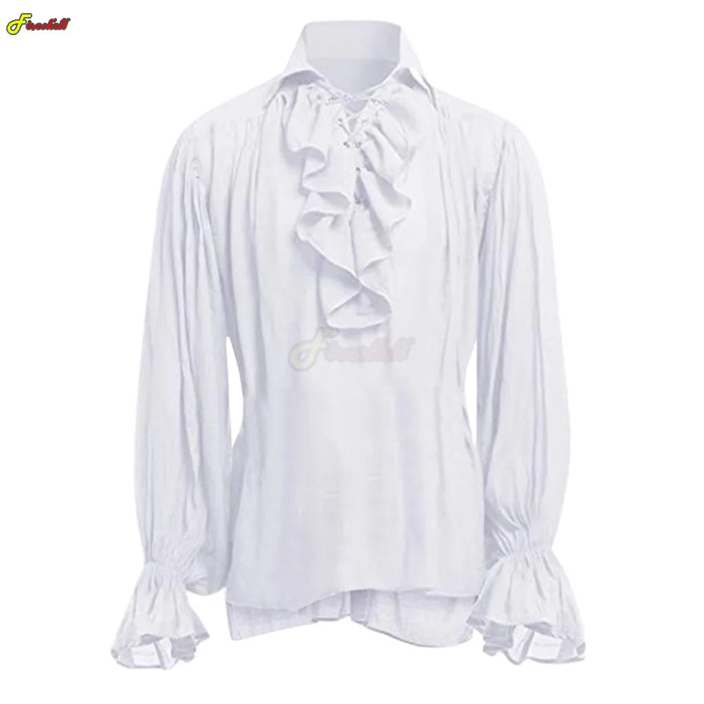 Elegant Vintage-Inspired Ruffled Long-Sleeve Shirt with Lace-Up Collar for Men