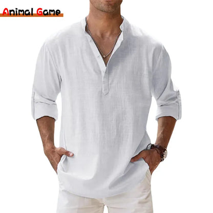 Men's Casual Long Sleeve Linen Blend Henley Shirt with Buttoned Placket and Roll-Up Sleeves, Ideal for Lightweight Summer and Beach Wear