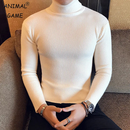 Men's Slim-Fit Ribbed Turtleneck Sweater with Long Sleeves and Soft Knit Fabric