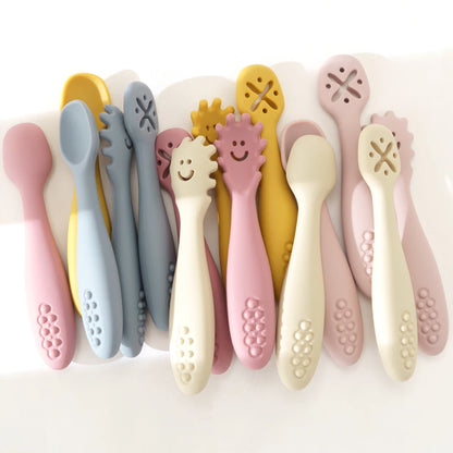 Soft Silicone Baby Spoons for Self-Feeding Training with Textured Handles and Fun Designs