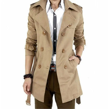 Men's Slim-Fit Double-Breasted Trench Coat with Epaulets and Adjustable Cuffs for a Sophisticated, Modern Look