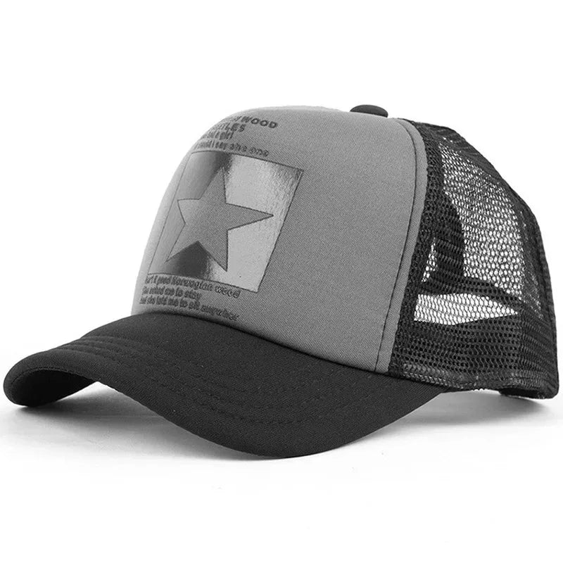 Star Patch Trucker Cap with Mesh Back and Adjustable Snapback Closure for Trendy Casual Wear