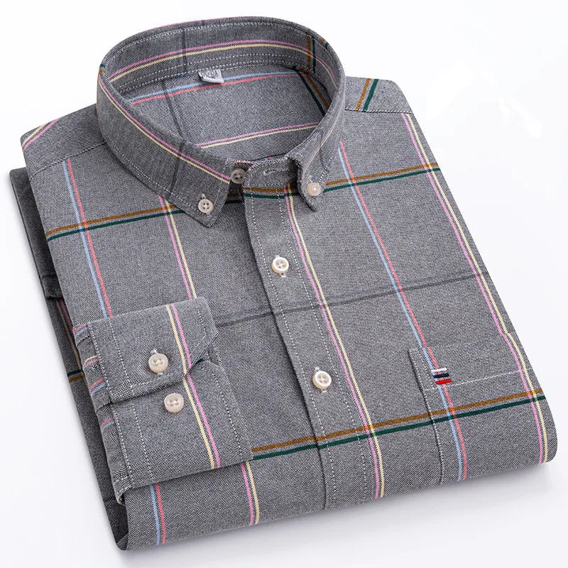 Premium Cotton Button-Down Oxford Shirt with Striped Collar Detail, Long Sleeves, and Classic Chest Pocket Design for Men.