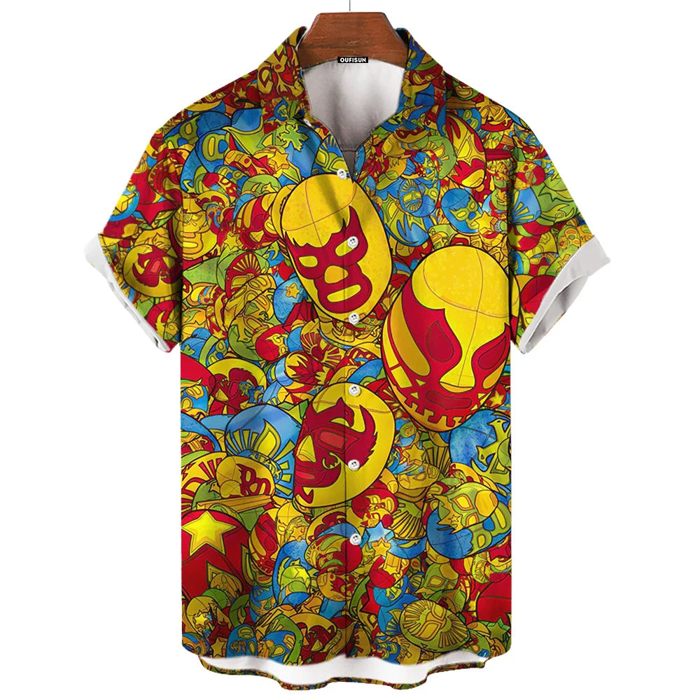 Short-Sleeve Hawaiian Shirt with Lucha Libre Wrestler Print and Button-Up Design