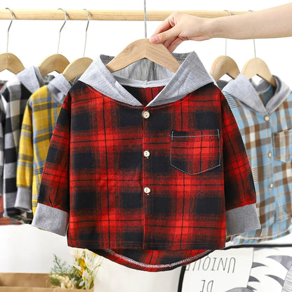 Cozy Flannel Plaid Hooded Shirts for Kids with Front Pocket and Button-Up Design