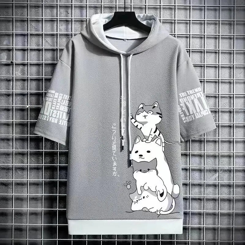 Men's Short-Sleeve Hoodie with Adorable Cartoon Cat Print, Adjustable Drawstring, and Stylish Text Details on Sleeves for Casual Wear