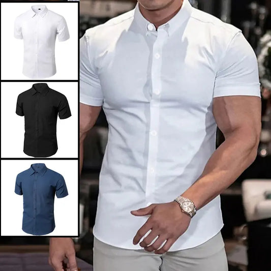 Men's Slim Fit Short Sleeve Dress Shirt with Button-Down Collar, Ideal for Formal and Casual Occasions