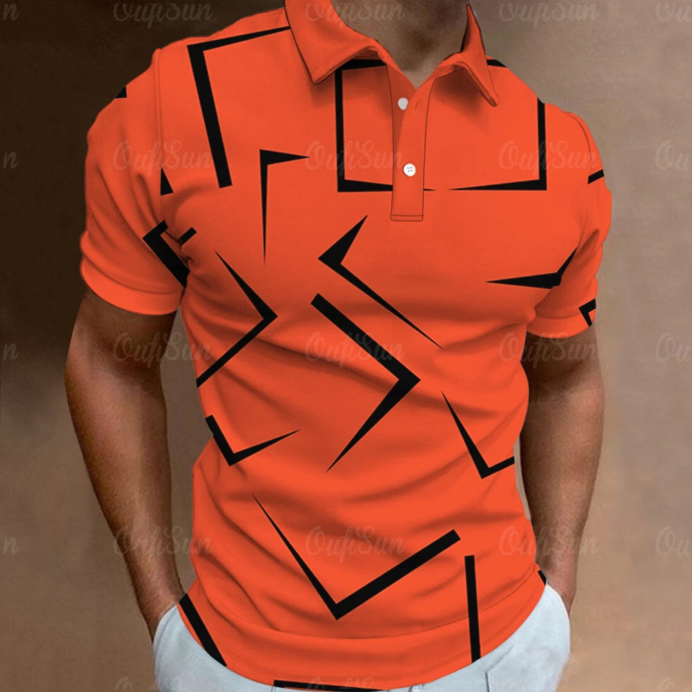 Men's Geometric Print Polo Shirt with Button Placket and Modern Design for Casual Wear