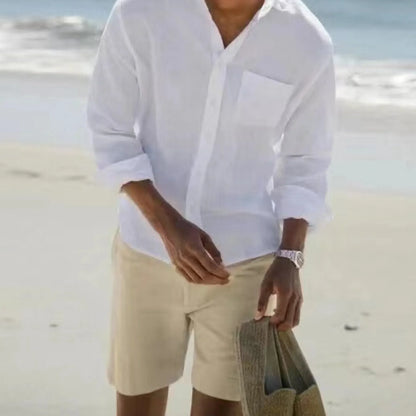 Men's Long-Sleeve Linen Beach Shirt with Button-Down Front and Relaxed Fit