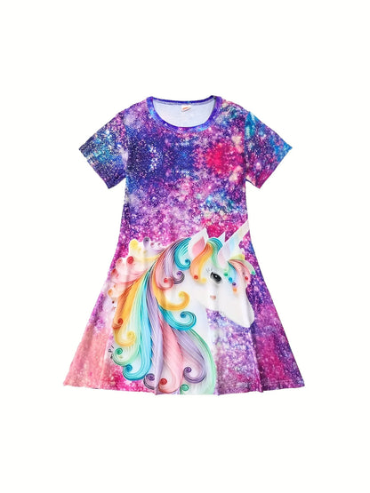 Girls' Sparkling Unicorn Galaxy Print Dress – Short Sleeve Fantasy-Themed Outfit for Kids