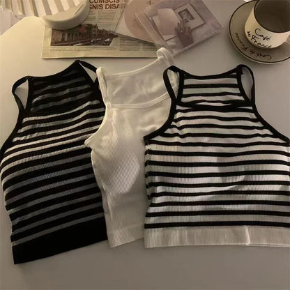 Women's Ribbed Tank Tops with Strappy Back Design and Mixed Solid and Striped Patterns, Perfect for Layering or Casual Wear