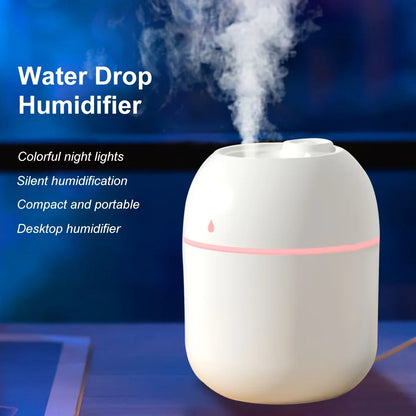 Compact Water Drop Humidifier with Silent Operation, Colorful Night Lights, and USB-Powered Design for Desktop Use