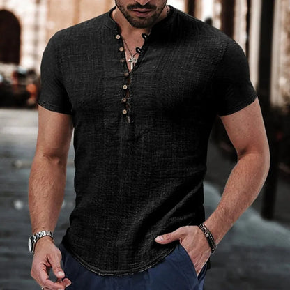 Men's Short-Sleeve Linen Henley Shirt with Buttoned V-Neck and Casual Fit