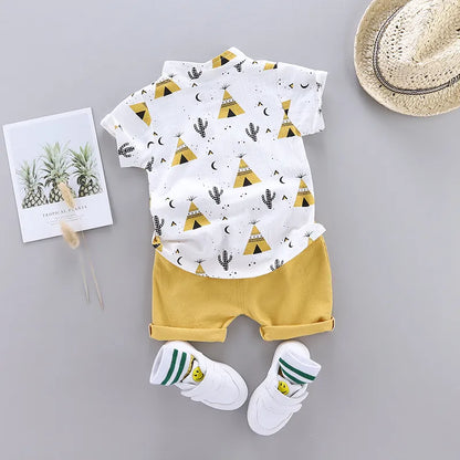 Summer Baby Boy Outfit - Short Sleeve Button-Up Shirt with Teepee Print and Matching Shorts - Includes Hat and Shoes