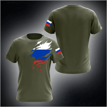 Men's Short Sleeve T-Shirt with Russian Coat of Arms and Flag Design, Customizable Name Option, and Military-Inspired Graphics