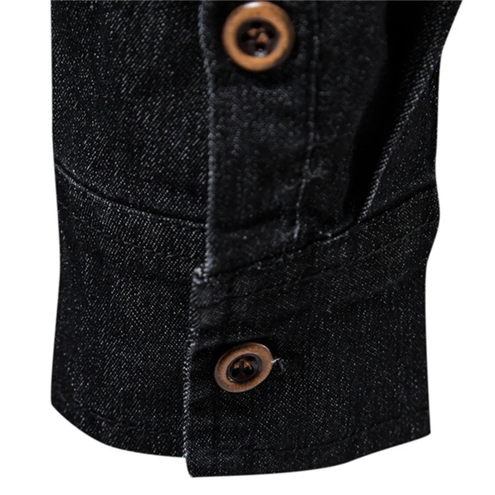 Men's Long Sleeve Denim Shirt with Button-Down Front and Chest Pockets