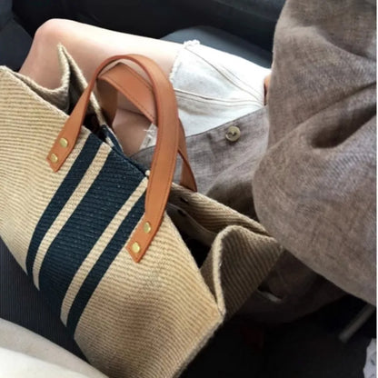 Striped Jute Tote Bag with Leather Handles and Brass Stud Accents for Women