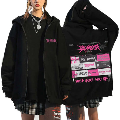 Unisex Streetwear Graphic Hoodie with Bold Arm and Back Designs, Full-Zip Closure, and Oversized Fit for a Trendy Look