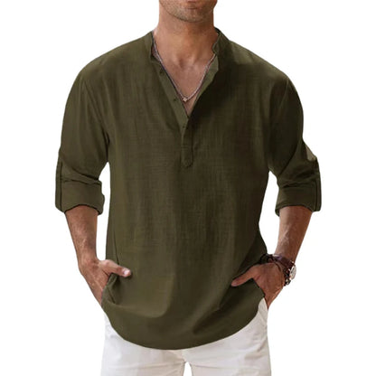 Men's Casual Long Sleeve Linen Blend Henley Shirt with Buttoned Placket and Roll-Up Sleeves, Ideal for Lightweight Summer and Beach Wear