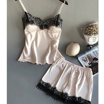 Women's Satin Lace Trim Sleepwear Set with Adjustable Spaghetti Straps and Matching Shorts for Comfortable Nightwear