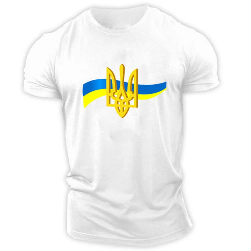 Men's Short Sleeve T-Shirt with Ukrainian Emblem and Flag Design, Featuring Military-Inspired Aesthetics and Patriotic Details