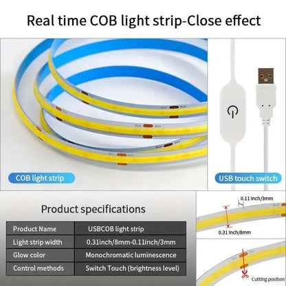 USB-Powered Touch Control LED Light Strip with Adjustable Brightness, Featuring Seamless COB Lighting Technology for Smooth and Continuous Illumination, Ideal for Home Decoration and Ambient Lighting