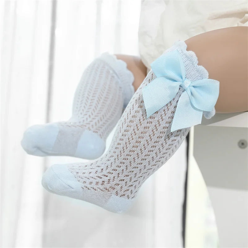 Lace Pattern Baby Knee-High Socks with Adorable Ribbon Bows