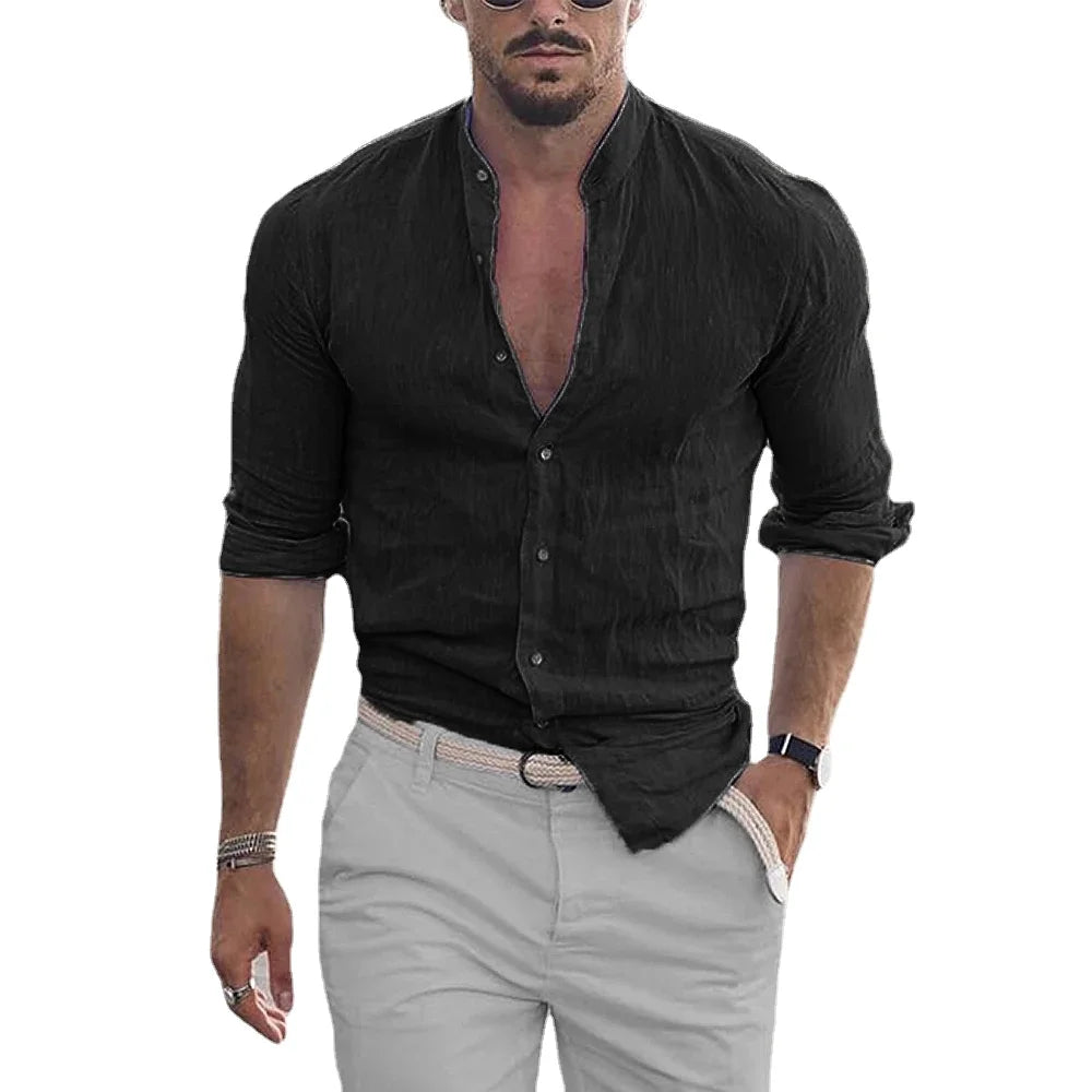 Men's Slim Fit Long Sleeve Casual Button-Up Shirt with Mandarin Collar