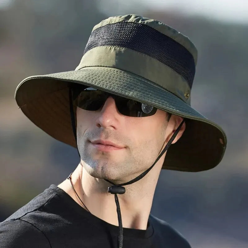 Wide-Brim Sun Protection Boonie Hat with Adjustable Chin Strap and Breathable Mesh Panels for Outdoor Activities