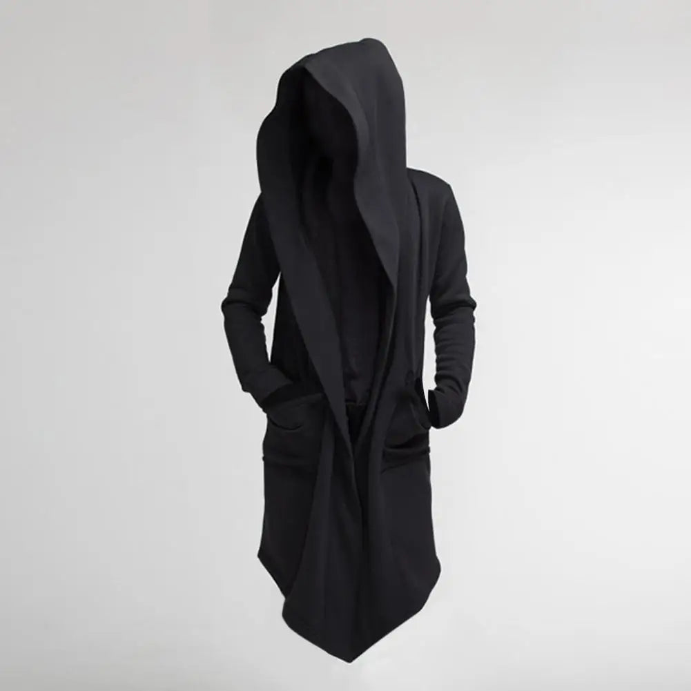 Men's Long Hooded Cardigan with Open Front, Asymmetrical Hem, and Deep Pockets for a Stylish and Modern Look