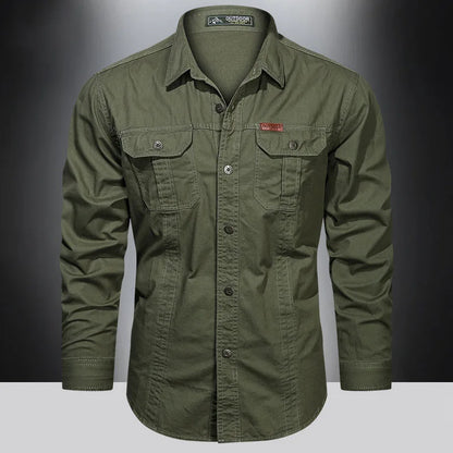 "Men's Long-Sleeve Outdoor Utility Shirt with Double Chest Pockets and Button-Up Closure"